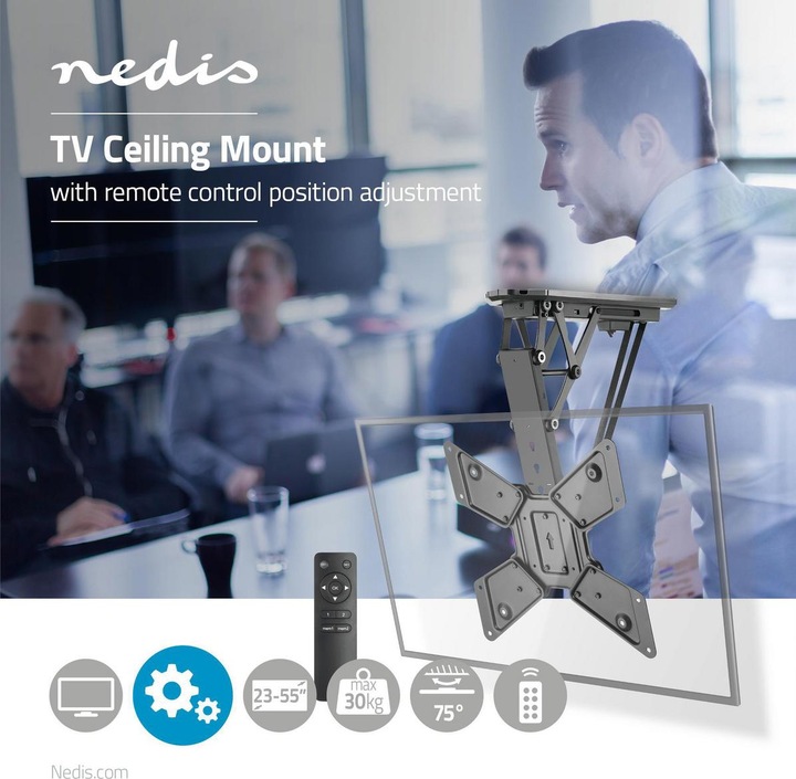 Immagine prodotto Nedis Supporto a soffitto motorizzato per televisori - 23 - 55 pollici - Max. 30 kg - 2 preimpostazioni (Soffitto, 55", 30 kg)