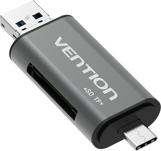 Actual product image Vention USB3.0 Multi-function Card Reader Gray Metal Type (USB-C, Micro USB, USB)