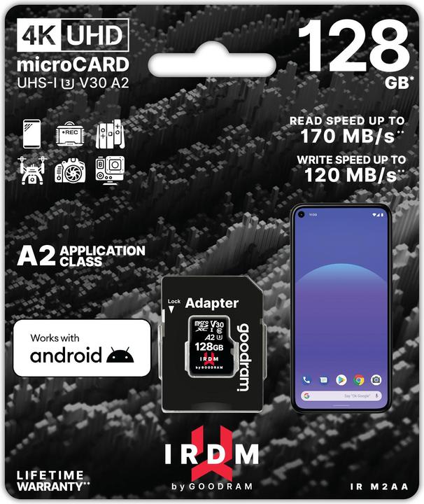 Actual product image Goodram IRDM microSDXC 128GB V30 UHS-I U3 + adapter (128 GB, microSDXC, U3, UHS-I)