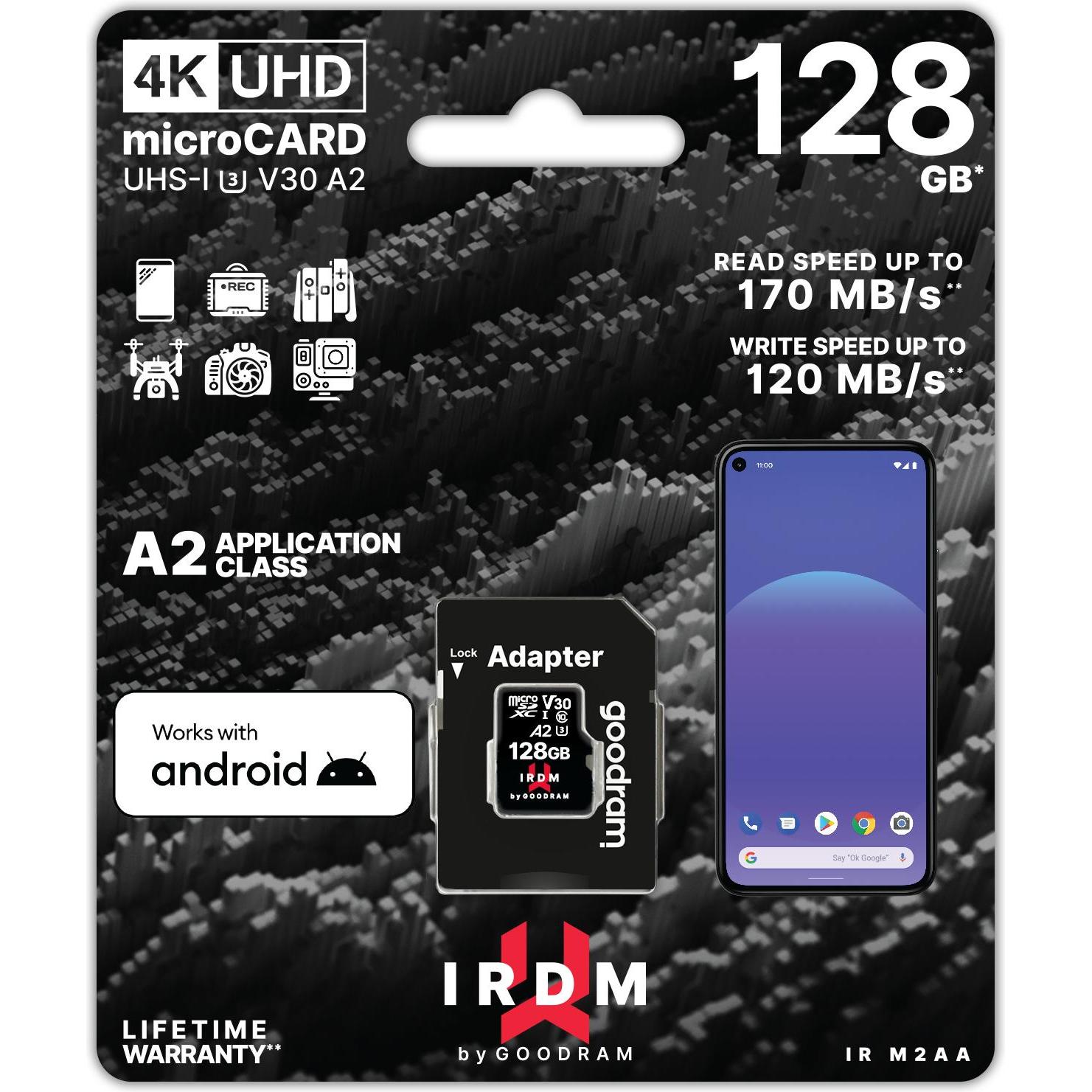 Thumbnail - Goodram IRDM microSDXC 128GB V30 UHS-I U3 + adapter (128 GB, microSDXC, U3, UHS-I), Speicherkarte, Schwarz