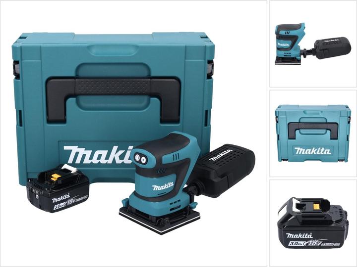1x Makita DBO 481 Akku Schwingschleifer, 1x Staubbox, 1x Makita BL 1830 B 18 V 3,0 Ah Akku (197599-5), 1x Makpac, 1x Universaleinlage