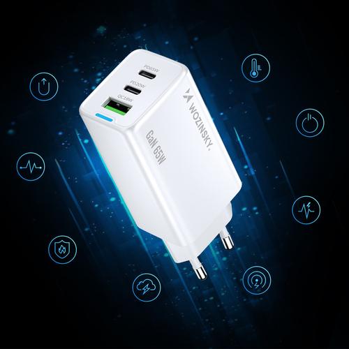 Produktbild Wozinsky GaN 65W Ladegerät mit 2xUSB-C USB-Anschlüssen mit 65W CC-Kabel - Weiss (65 W, 3 Ports)
