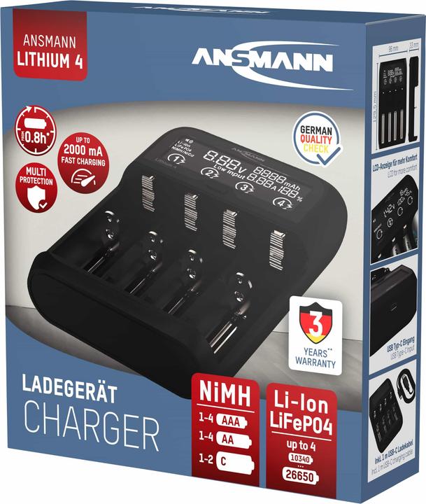 Actual product image Ansmann Lithium/NiMH charger Lithium 4 (1 pcs., 10340, 10350, 10440, 10500, 12500, 12650, 13500, 13650, 14500, 14650, 16340, 16650, 17335, 17355, 17500, 17650, 17670, 18350, 18490, 18500, 18650, 18700, 20650, 21700, 22650, Battery + charger)