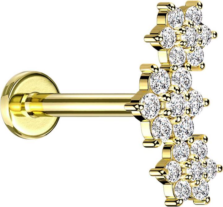 Immagine prodotto Star Piercing Micro labret filo interno placcato oro tre fiori cristalli argento (Acciaio chirurgico 316L, Ottone)