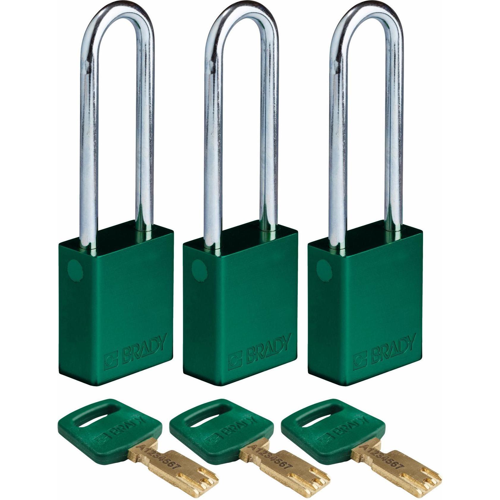 Brady, Vorhängeschloss, Safekey Aluminium-Vorhängeschloss mit Stahlbügel, Grün, 76 mm Bügelhöhe, 6.4 mm Bügeldurchme