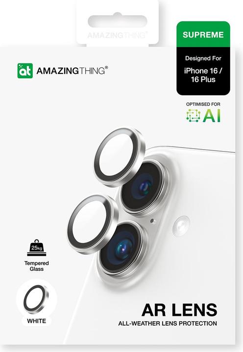 Immagine prodotto Amazingthing AR Aluminium 2 Linsenglas mit Kameralinsenrahmen für iPhone 16 / 16 Plus - Weiss (1 Pezzo/i, Apple iPhone 16)