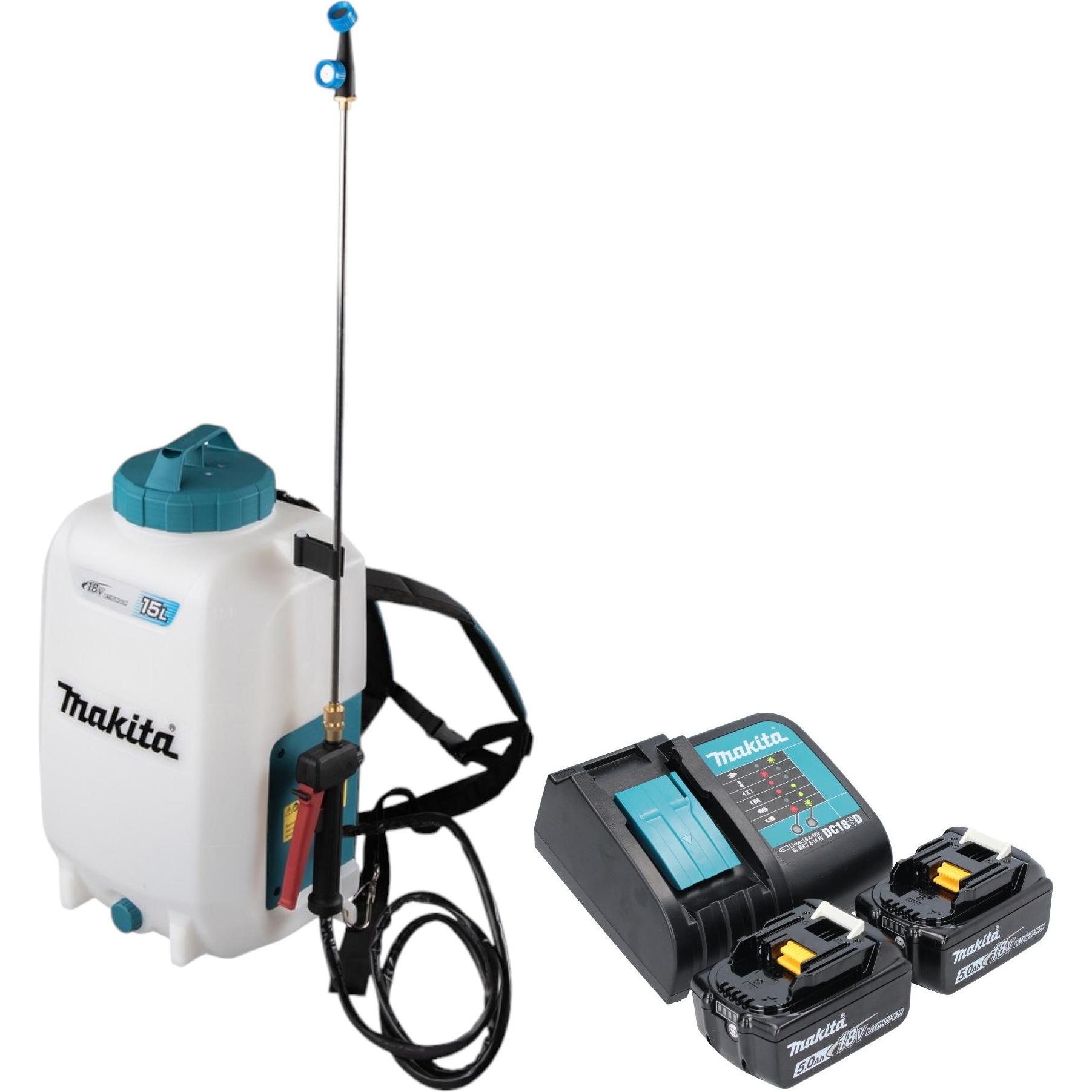 Makita, Sprühflasche, DUS 158 ST2 Akku Druckspritze 18 V 15 l 5,0 bar + 2x Akku 5,0 Ah + Ladegerät (15 l)