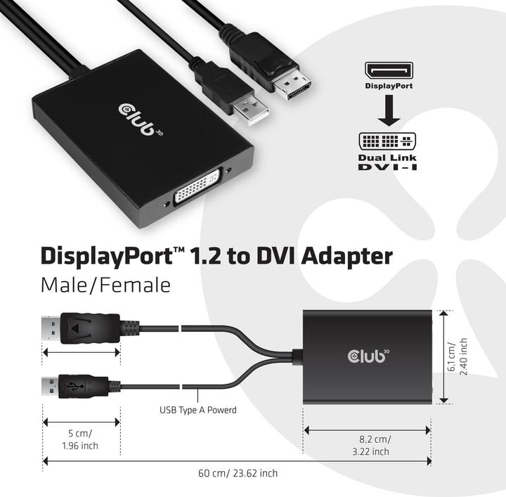 Produktbild Club 3D CAC-1010 DisplayPort to Dual Link DVI-I aktiver Adapter (USB, 6.10 cm)
