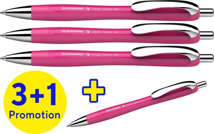 Produktbild Schneider Kugelschreiber Slider Rave XB pink Schreibfarbe blau, 3 St. (Power Pink, 4 x)