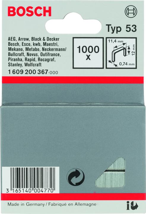 Actual product image Bosch Professional Zubehör Fine wire staple type 53, 11.4 x 0.74 x 12 mm, 1000-pack
