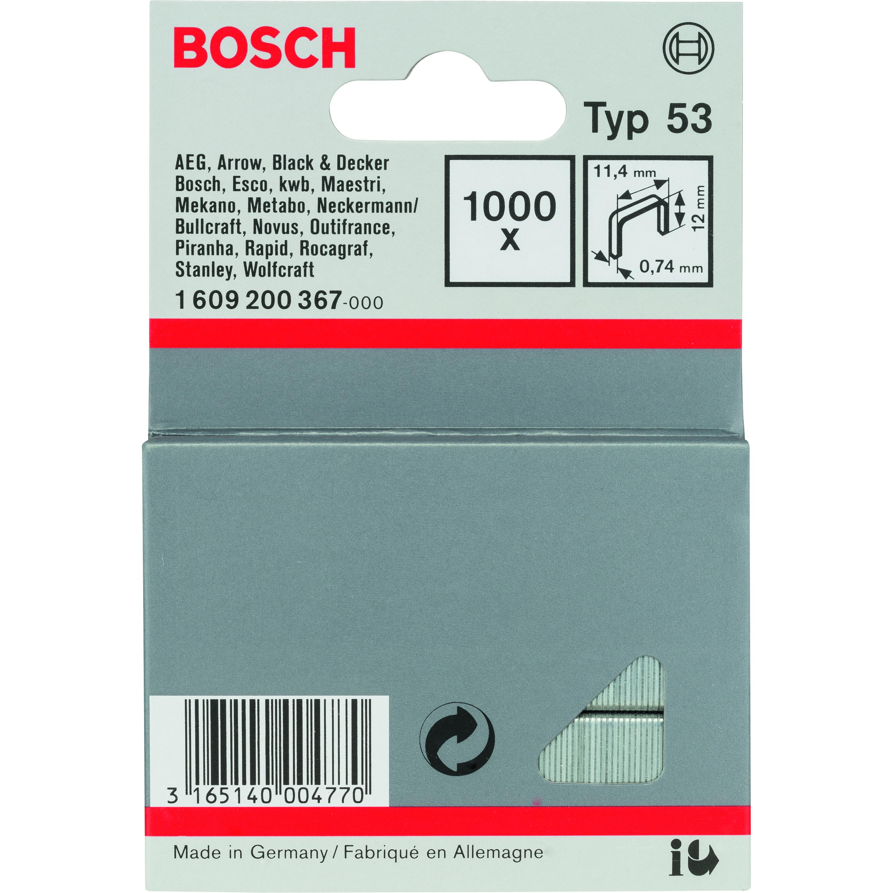 Thumbnail - Bosch Professional Zubehör, Tackerklammern + Tackernägel, Feindrahtklammer Typ 53, 11,4 x 0,74 x 12 mm, 1000er-Pack