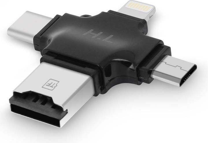 Actual product image Avizar 4-in-1 Micro-SD card reader USB-C / Lightning / Micro-USB / USB - Black