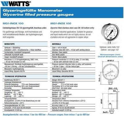Produktbild Watts Csslr Plus glycerinfyldt manometer Ø100 x ½" lodret tilslutning, RF stål. Typ MG1-INOX 100. Klasse 1