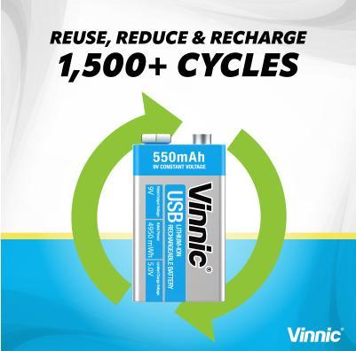 Actual product image Vinnic USB Rech. Batt. 9V Type-C VPRB-UC9V-1PC 550mAh,Case,1pcs. (1 pcs., 550 mAh)