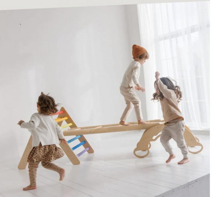 Immagine prodotto Montessori Scala + lavagna bifacciale + altalena in legno - luce colorata ® by busy kids