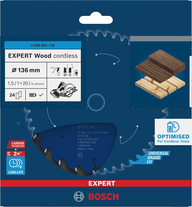 Productafbeelding Bosch Professional Zubehör EXPERT Wood Kreissägeblatt, 136x20 mm, T24