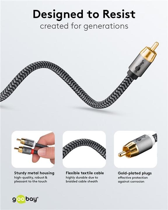 Productafbeelding Goobay Cinch Y-kabel, 10 m, Sharkskin grijs (10 m, RCA)