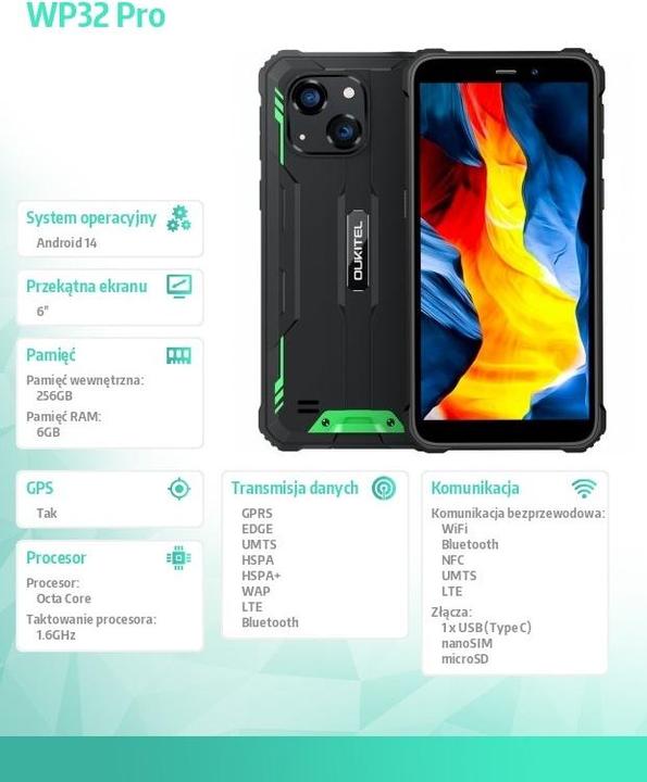 Produktbild Oukitel WP32 Pro (256 GB, Grün, Schwarz, 6", Hybrid Dual SIM, 4G)