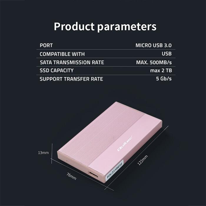 Produktbild Qoltec Gehäuse für SSD HDD 2,5', SATA, USB3.0, 2TB (2.5")