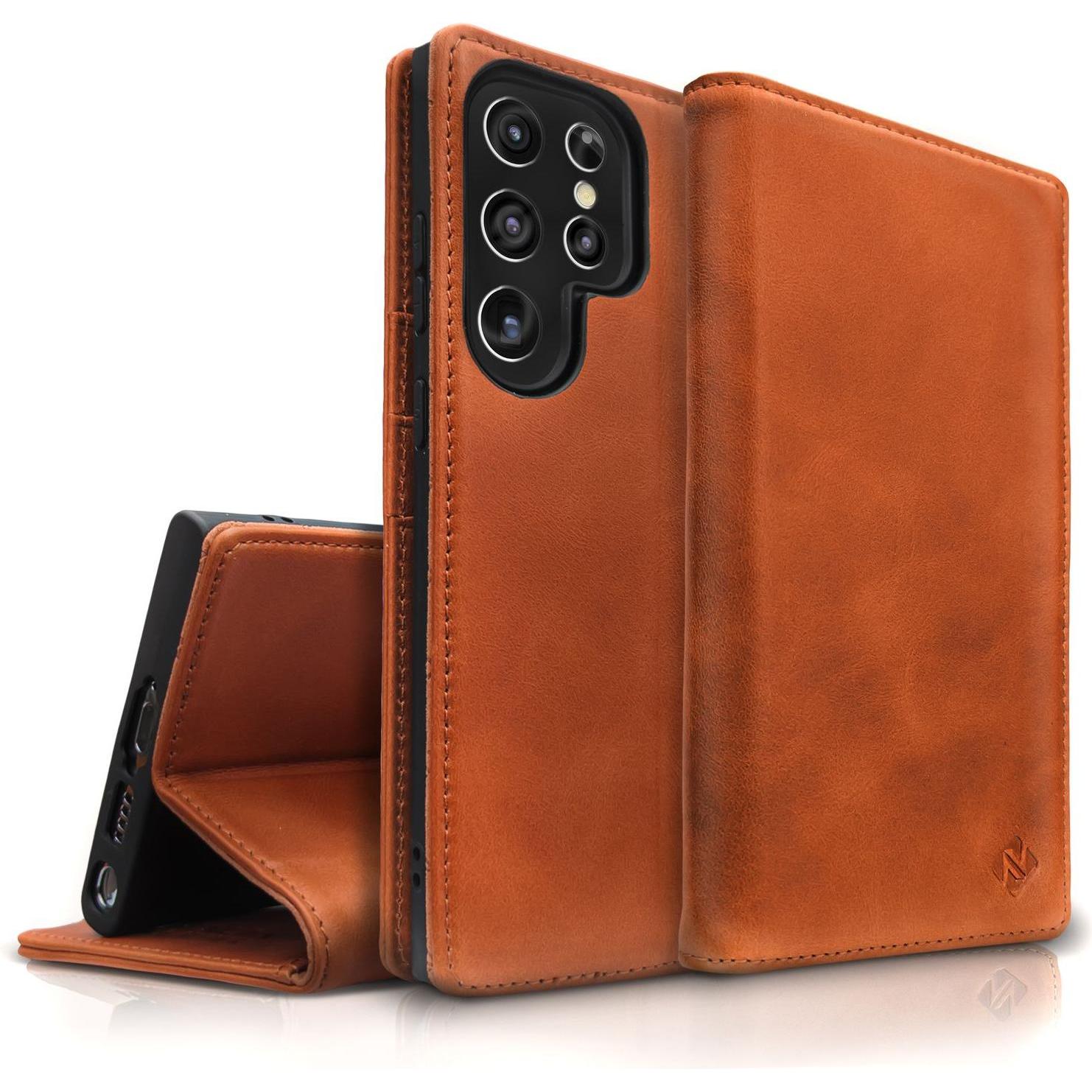 Nalia Echt Leder Flip Case Hülle mit Magnetverschluss (Samsung Galaxy S23 Ultra), Smartphone Hülle, Braun