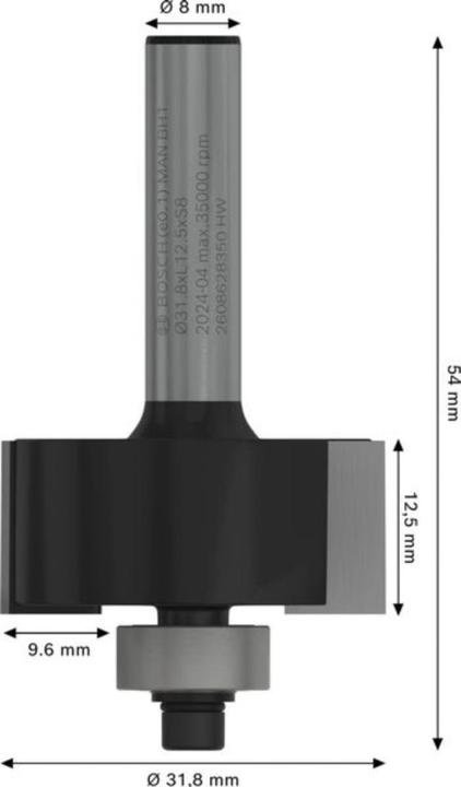 Produktbild Bosch Professional Zubehör Falzfräser, 8 mm, B 9,5 mm, D 31,8 mm, L 12,5 mm, G 54 mm