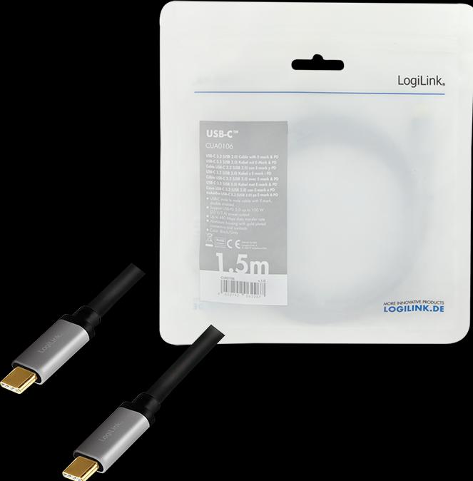 Actual product image LogiLink CUA0106 USB 3.2 Cable C/M to C/M, PD3, alu, black/grey, 1.5 m (1.50 m, USB 2.0, 100 W)