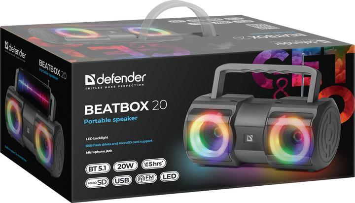 Produktbild Defender Lautsprecher Beatbox 20 Bluetooth 20w Licht/Bt/Mic/Fm/Usb/Tf (5 h, Batteriebetrieb)