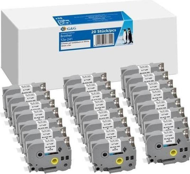 G&G 20x Schriftband 18mm x 8m sw ws komp. m. Brother TZe-241 (1.80 cm, Schwarz, Weiss)