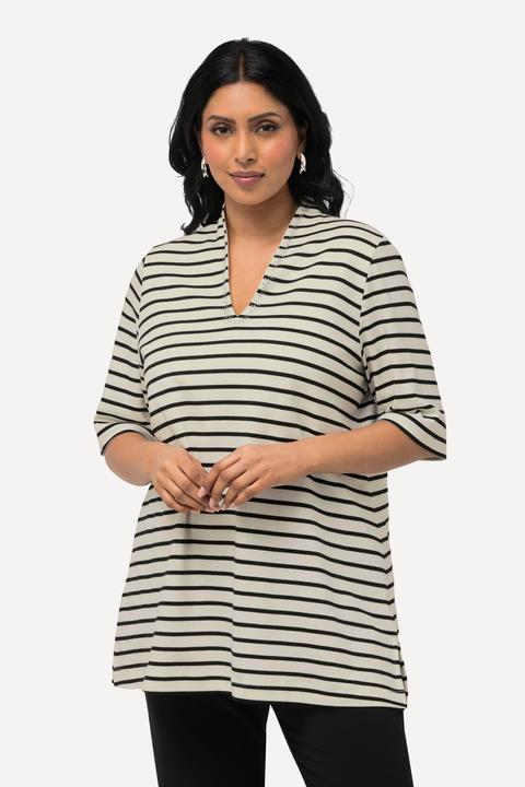 Immagine prodotto Ulla Popken T-shirt in cotone Pima con righe, scollo montante e mezze maniche (50, 52)