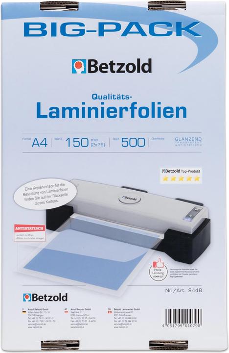 Produktbild Betzold Laminierfolien A4, 150 mic, 500 Stück im Big-Pack, glänzend (A4, 500 Stück, 150 µm)