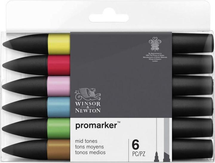 Actual product image Winsor & Newton 6 ProMarkers Medium Tone Layout Markers assorted colours 1.0 - 2.0 mm (6 x)