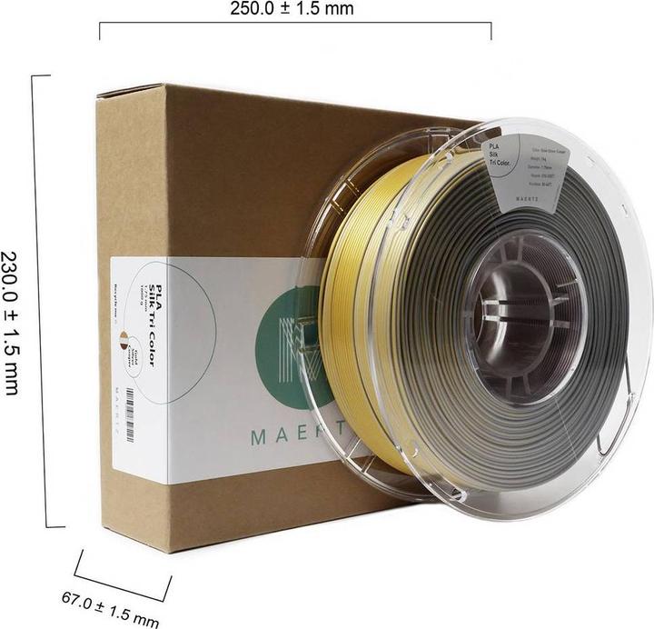 Actual product image Maertz PLA Silk Tri Color Gold-Silver-Cooper 1.75 mm 1.000 g (PLA, 1.75 mm, 1000 g, Gold, Copper, Silver)