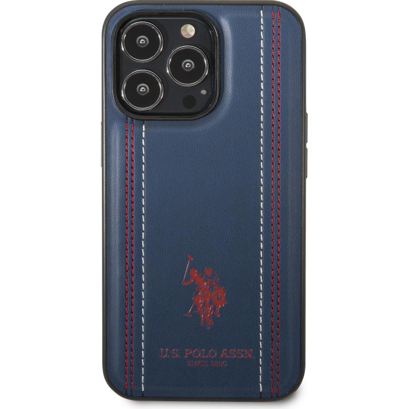 Thumbnail - U.S. Polo iPhone 14 ProLeather Stitched Lines Case (Apple iPhone 14 Pro), Smartphone Hülle, Blau
