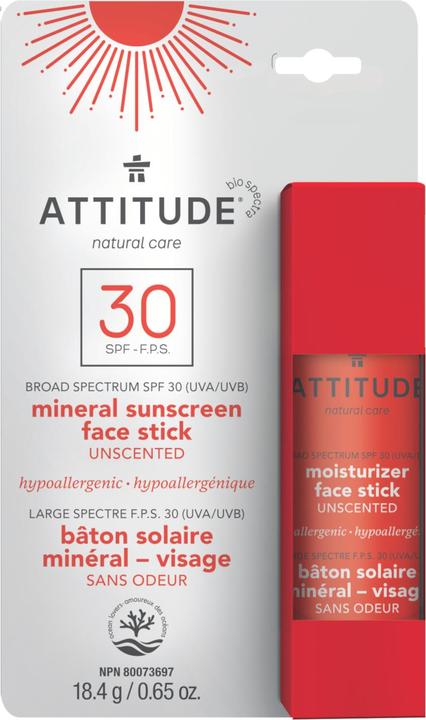 Attitude Stick solaire minéral visage sans parfum (Crème solaire visage, Stick solaire, SPF 30)