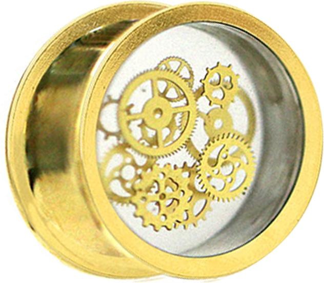 Image du produit Star Piercing Flesh Plug doré Steampunk engrenages époxy transparent (Organique, Laiton)