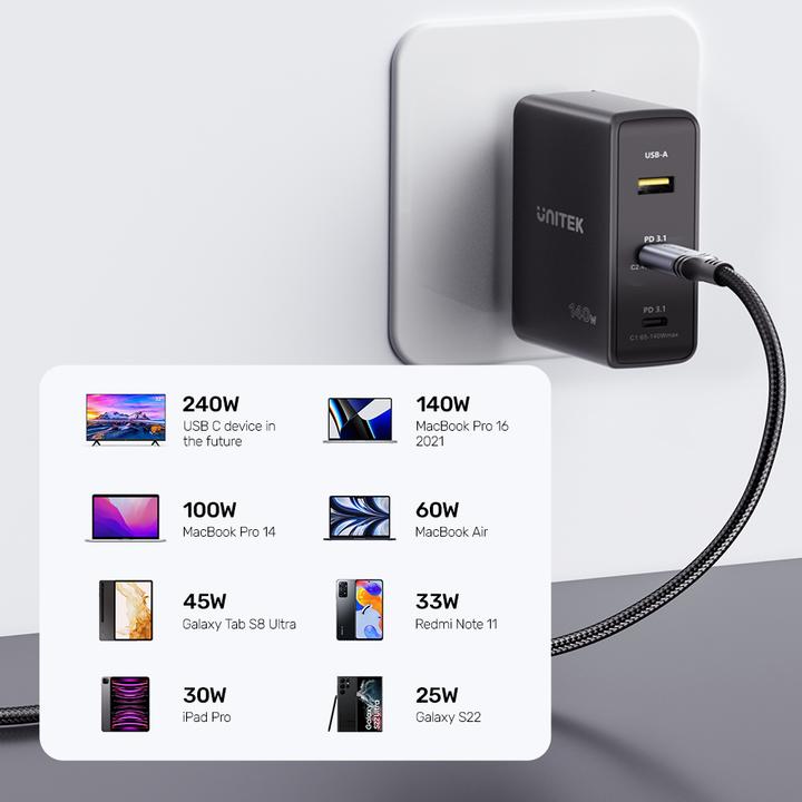 Actual product image Unitek Cable USB USB-C - USB-B 2 m Czarny (C14110GY-2M) (2 m, USB 3.2 Gen 1, 240 W)