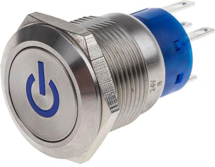 Actual product image RS PRO Pushbutton switch Blue illuminated Latching 19 (dia.)mm, change-over switch, 1-pole 250V ac / 5 A