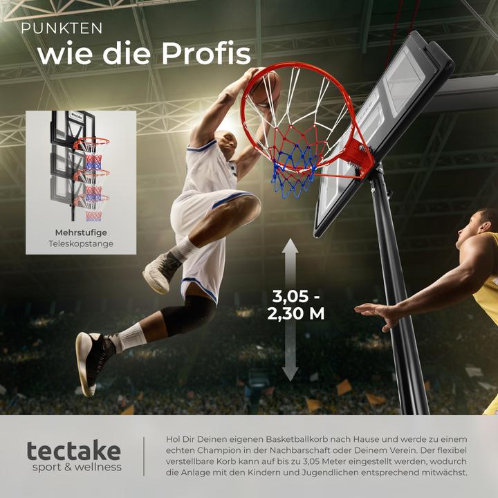 Image du produit tectake Panier de basket Dirk, hauteur de panier 234-302 cm, avec ballon et pompe
