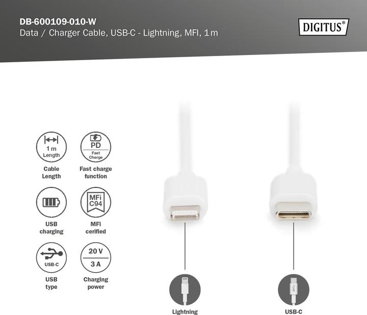 Produktbild Digitus Daten- / Ladekabel, USB-C - Lightning, MFI (1 m, USB 2.0, 60 W)