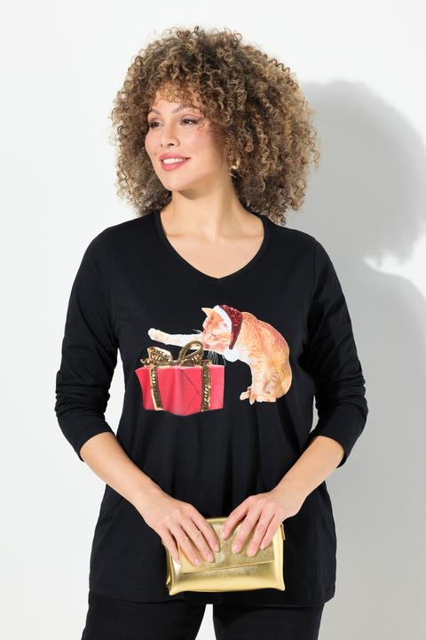 Immagine prodotto Ulla Popken Maglia natalizia dal taglio svasato con gatti, scollo a V e maniche lunghe (50, 52)