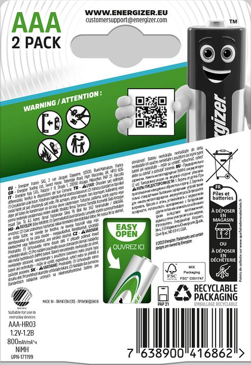 Image du produit Energizer Recharge extrême (2 pcs, AAA, 800 mAh)