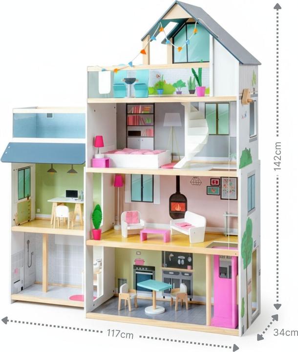 Hermex 33-tlg. XXL Puppenhaus aus Holz Puppenvilla Spielhaus für Barbies