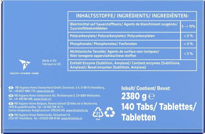 Valori nutrizionali e ingredienti Finish Powerball professionale (140 Cicli di lavaggio, Pillole)