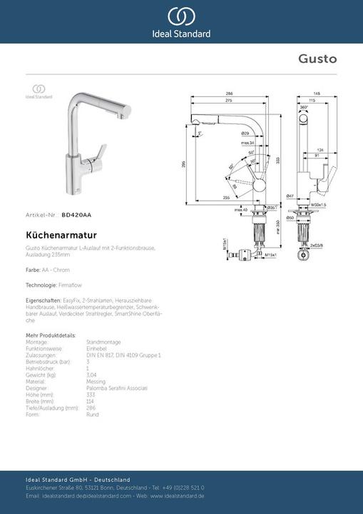 Actual product image Ideal Standard Gusto outlet 235mm L-spout 2F showerhead