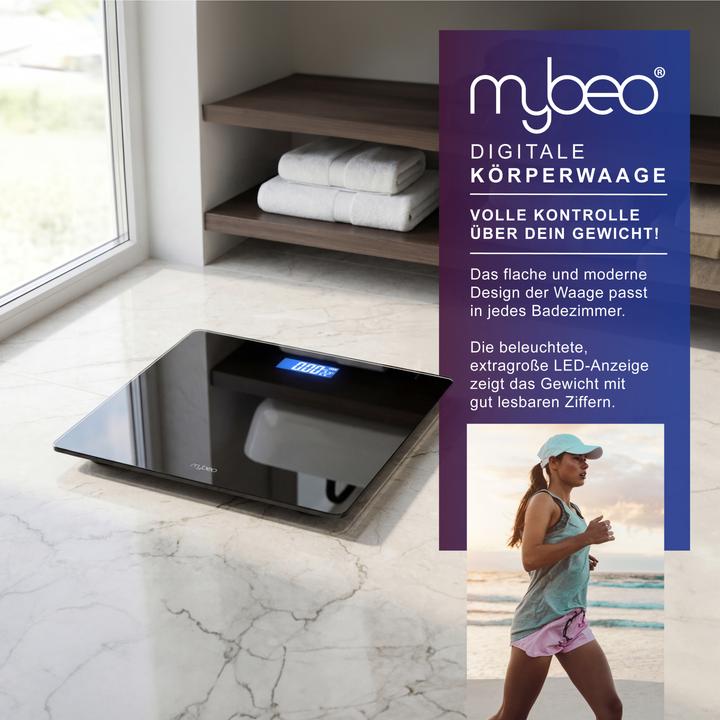Actual product image Mybeo Personenwaage digital, Trittfläche aus 6mm Sicherheitsglas, schmales Design, max.180 kg Belastung (180 kg)