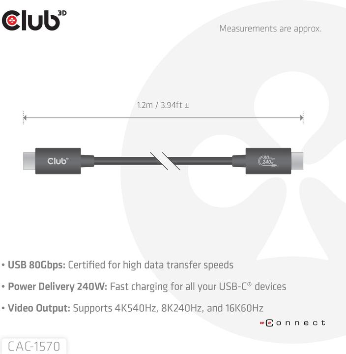 Produktbild Club 3D Club3D Kabel USB C zertifi. PD240W/4K540Hz/80Gbps 1,2m St/St retail (1.20 m, USB 4.0, 240 W)