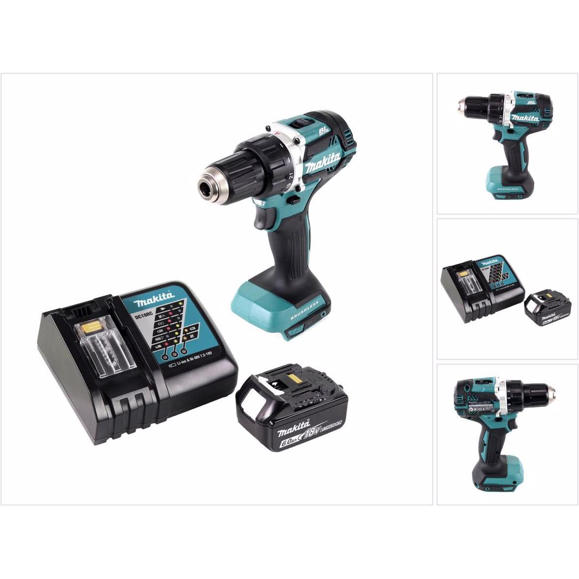 Makita, Bohrmaschine + Akkuschrauber, DDF 484 RG1 Akku Bohrschrauber Brushless 18 V 54 Nm + 1x Akku 6,0 Ah + Ladegerät (...