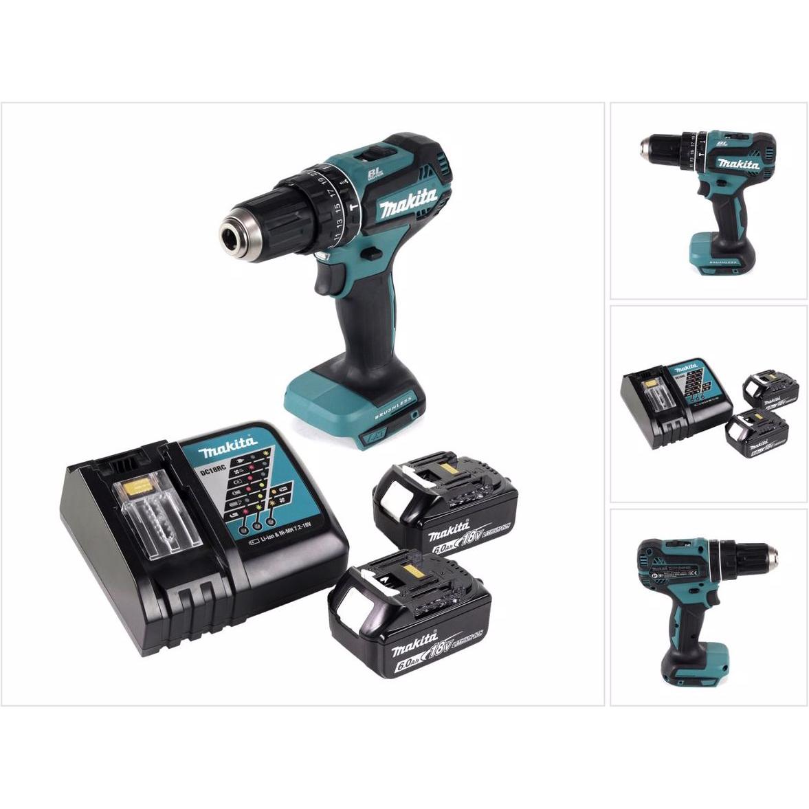 Makita, Bohrmaschine + Akkuschrauber, DHP 485 RG Akku Schlagbohrschrauber 18 V 50 Nm Brushless + 2x Akku 6,0 Ah + Ladege...