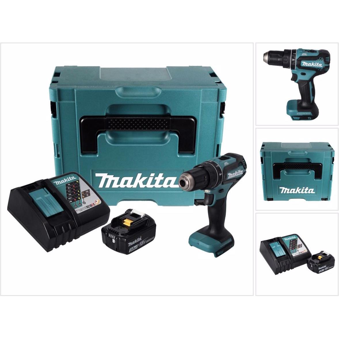 Makita, Bohrmaschine + Akkuschrauber, DHP 485 RF1J Akku Schlagbohrschrauber 18 V 50 Nm Brushless + 1x Akku 3,0 Ah + Lade...