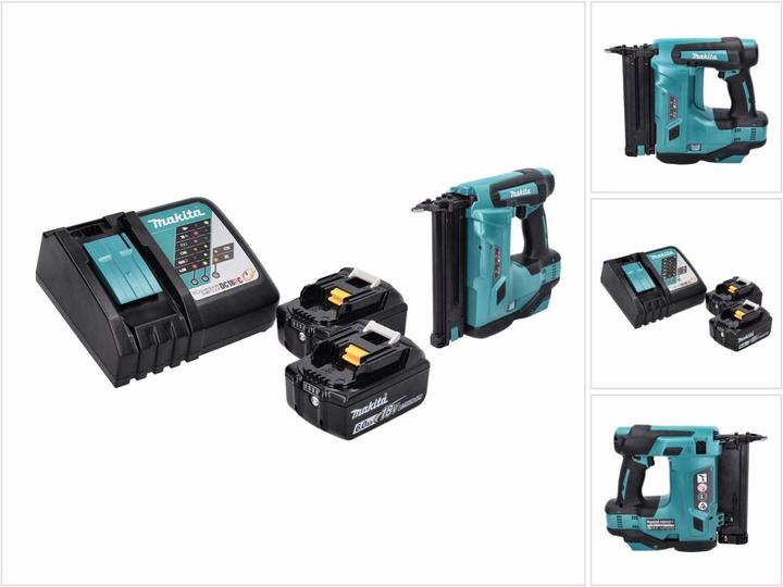 1x Makita DBN 500 cordless upright nailer, 2x Makita BL 1860 B 18 V 6.0 Ah battery, 1x Makita DC 18 RC battery charger